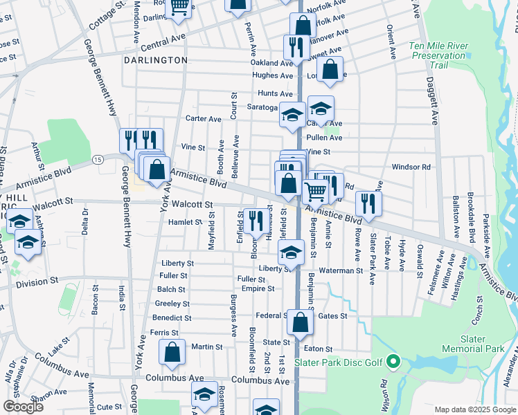 map of restaurants, bars, coffee shops, grocery stores, and more near 473 Armistice Boulevard in Pawtucket