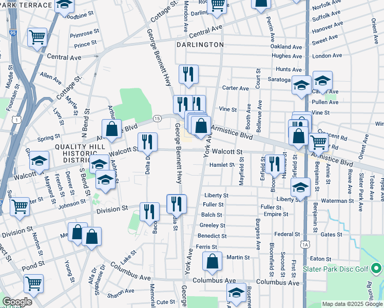 map of restaurants, bars, coffee shops, grocery stores, and more near 433 Walcott Street in Pawtucket