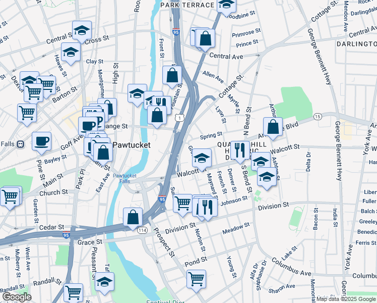 map of restaurants, bars, coffee shops, grocery stores, and more near 26 Grove Street in Pawtucket