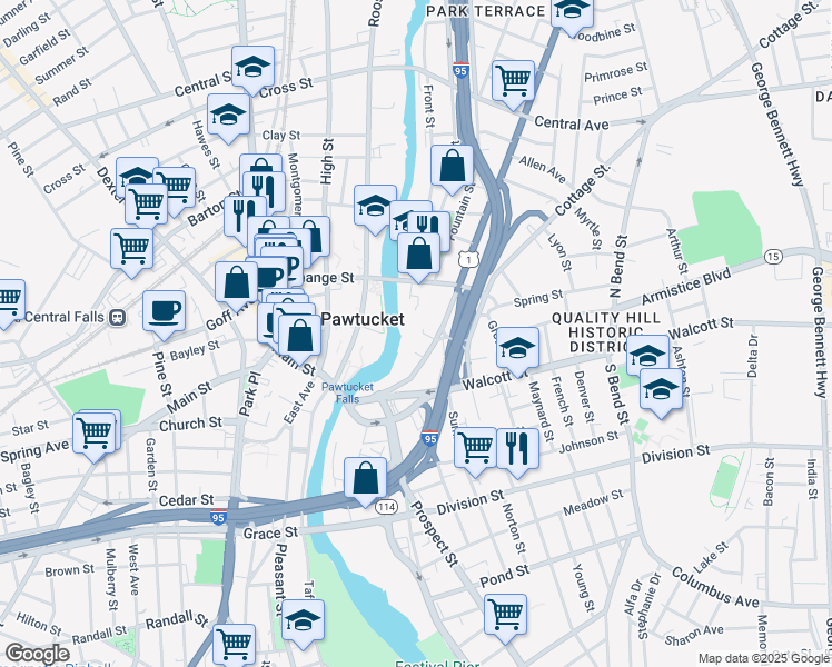 map of restaurants, bars, coffee shops, grocery stores, and more near 156 Broadway in Pawtucket