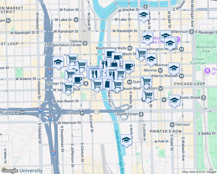 map of restaurants, bars, coffee shops, grocery stores, and more near 250 South Wacker Drive in Chicago