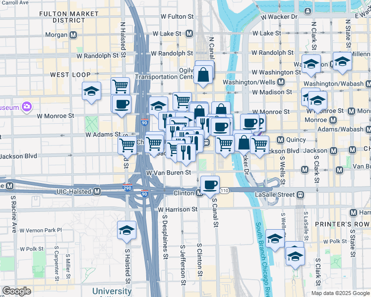 map of restaurants, bars, coffee shops, grocery stores, and more near 565 West Quincy Street in Chicago