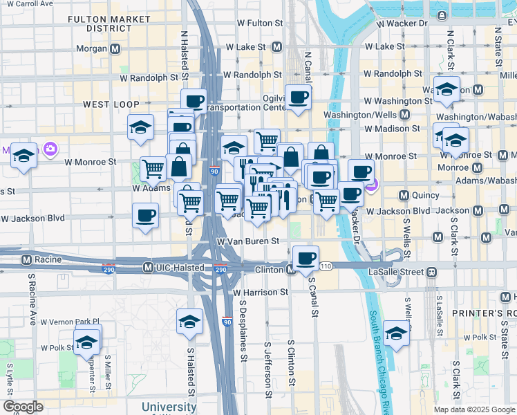 map of restaurants, bars, coffee shops, grocery stores, and more near 223 South Desplaines Street in Chicago