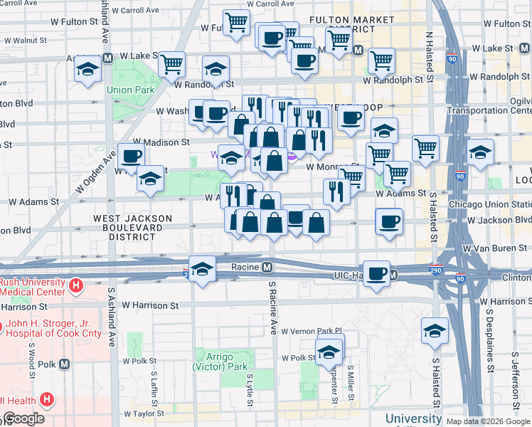 map of restaurants, bars, coffee shops, grocery stores, and more near in Chicago