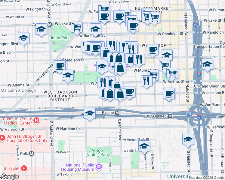 map of restaurants, bars, coffee shops, grocery stores, and more near 1234 West Cottage Place in Chicago