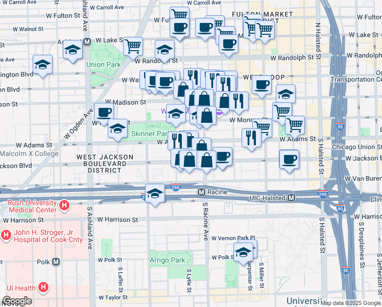 map of restaurants, bars, coffee shops, grocery stores, and more near 1234 West Cottage Place in Chicago