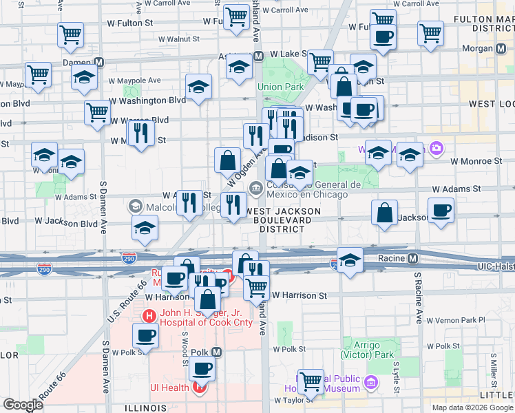 map of restaurants, bars, coffee shops, grocery stores, and more near 1625 West Adams Street in Chicago