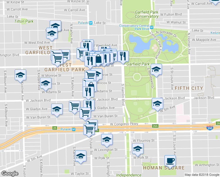 map of restaurants, bars, coffee shops, grocery stores, and more near 3851 West Wilcox Street in Chicago