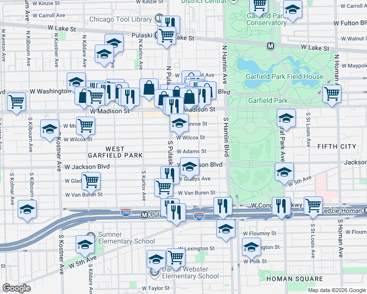 map of restaurants, bars, coffee shops, grocery stores, and more near 3937 West Wilcox Street in Chicago
