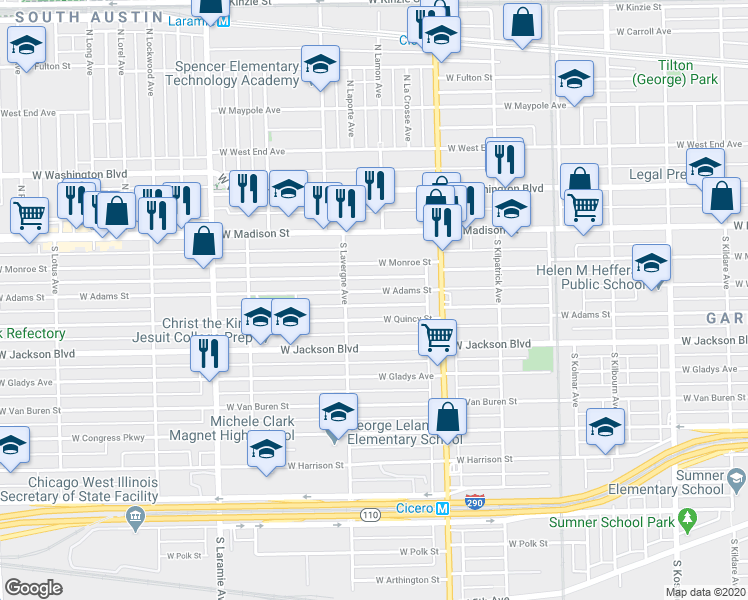 map of restaurants, bars, coffee shops, grocery stores, and more near 4927 West Adams Street in Chicago