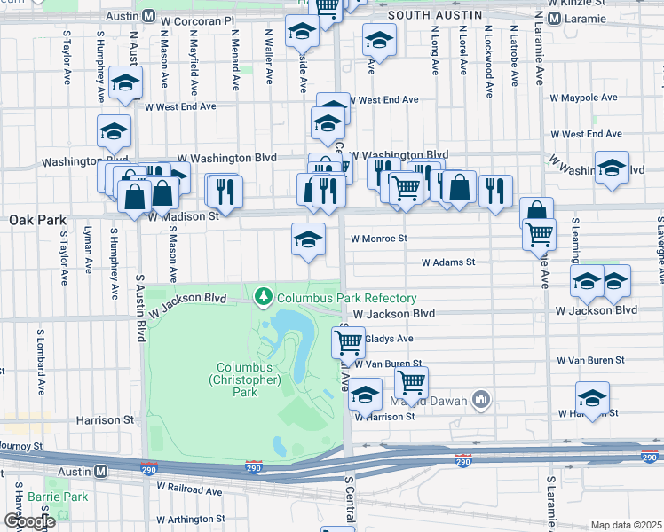 map of restaurants, bars, coffee shops, grocery stores, and more near 122 South Central Avenue in Chicago