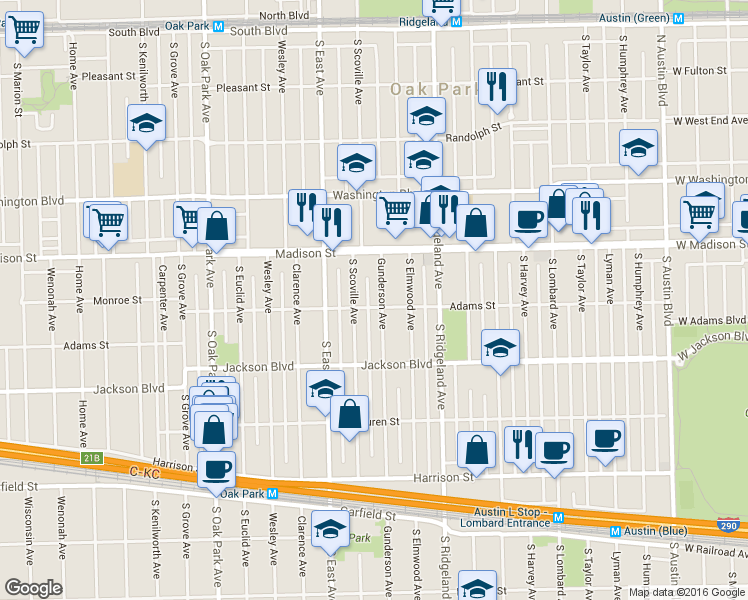 map of restaurants, bars, coffee shops, grocery stores, and more near 534 South Scoville Avenue in Oak Park