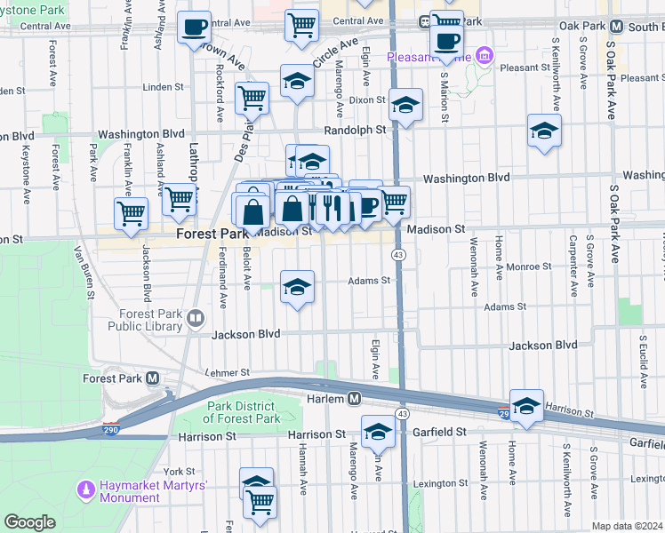 map of restaurants, bars, coffee shops, grocery stores, and more near 429 Circle Avenue in Forest Park