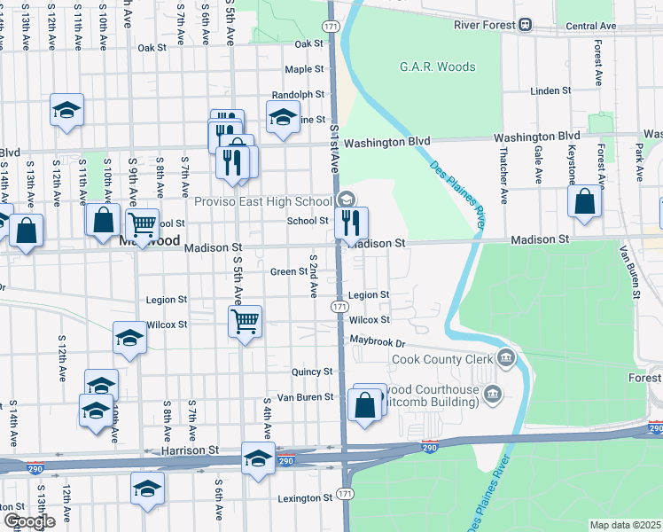 map of restaurants, bars, coffee shops, grocery stores, and more near 1012 South 1st Avenue in Maywood