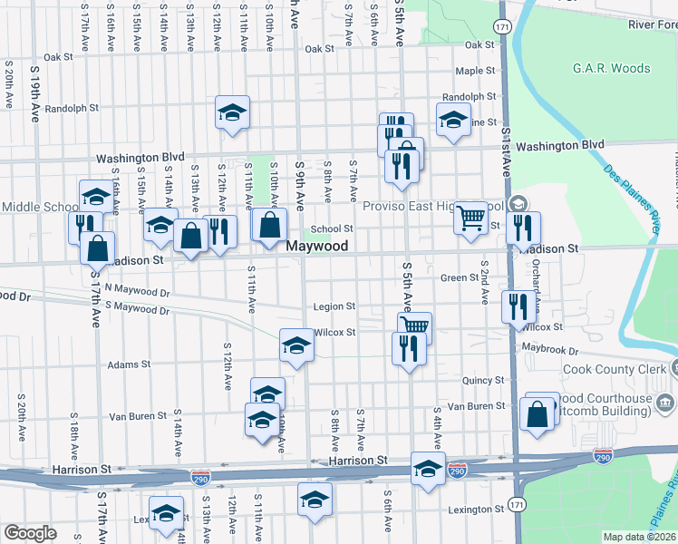 map of restaurants, bars, coffee shops, grocery stores, and more near 1008 South 7th Avenue in Maywood
