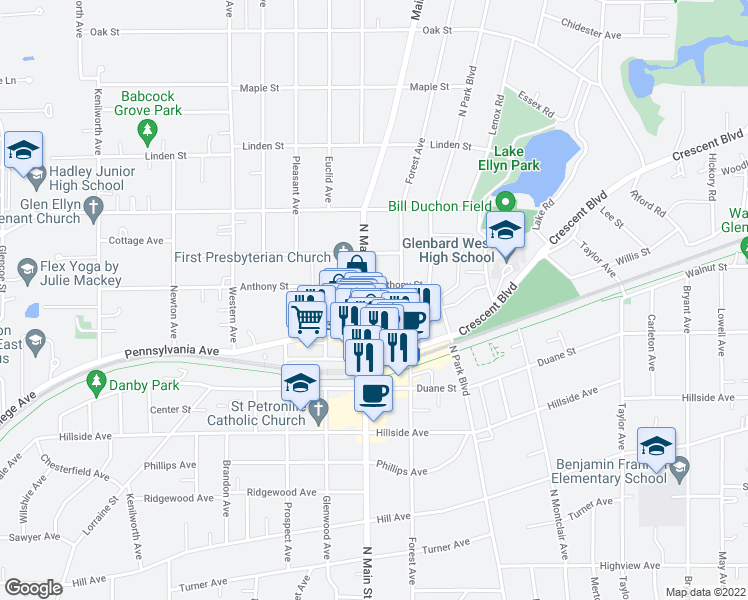 map of restaurants, bars, coffee shops, grocery stores, and more near 519 North Main Street in Glen Ellyn