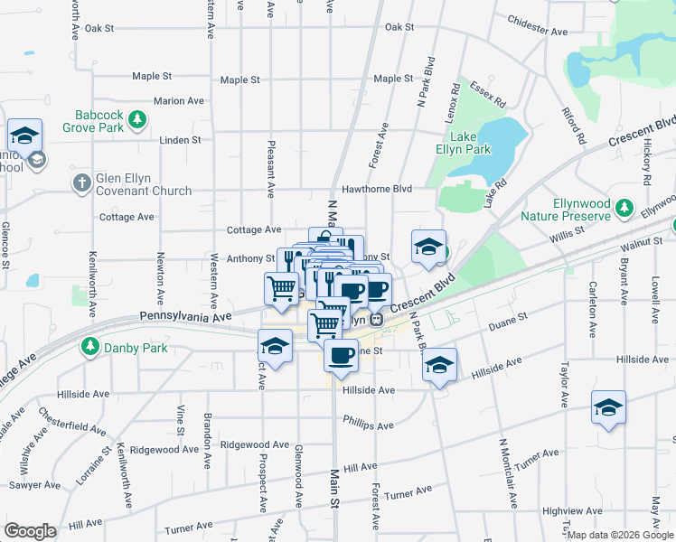 map of restaurants, bars, coffee shops, grocery stores, and more near 519 North Main Street in Glen Ellyn