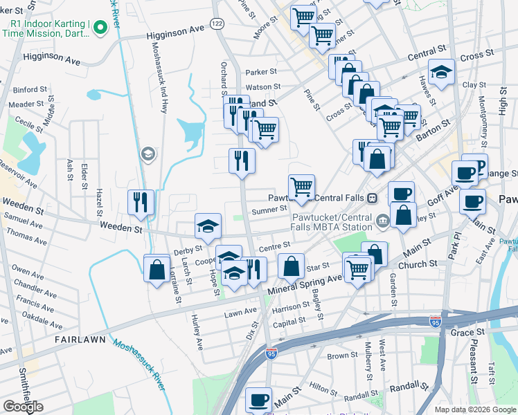 map of restaurants, bars, coffee shops, grocery stores, and more near 55 Sumner Street in Pawtucket