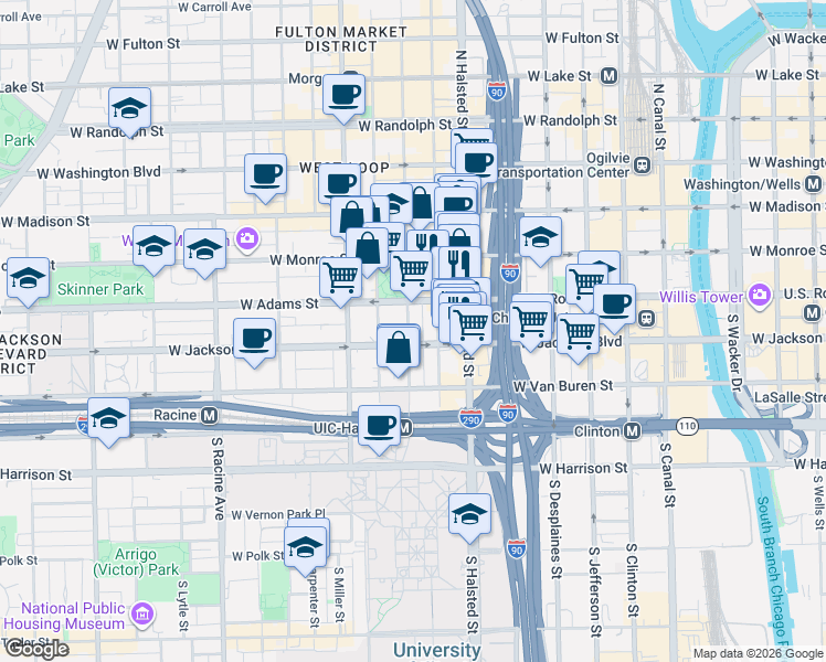 map of restaurants, bars, coffee shops, grocery stores, and more near 221 South Peoria Street in Chicago