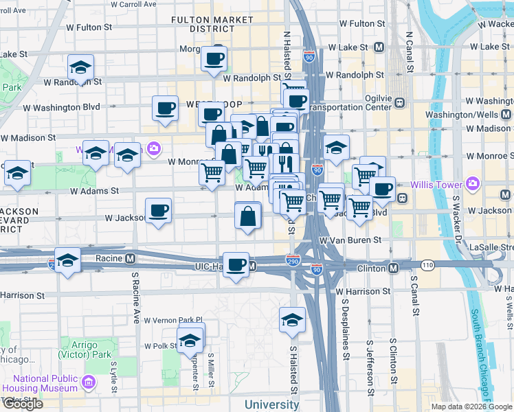 map of restaurants, bars, coffee shops, grocery stores, and more near 221 South Peoria Street in Chicago