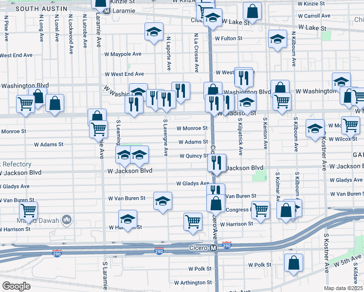 map of restaurants, bars, coffee shops, grocery stores, and more near 4915 West Adams Street in Chicago