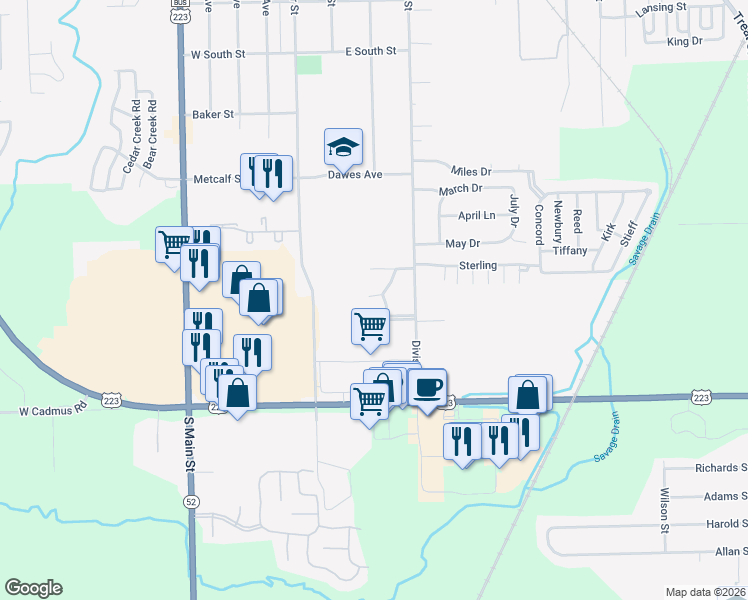 map of restaurants, bars, coffee shops, grocery stores, and more near 1281 Barrington Lane in Adrian