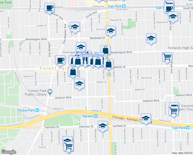 map of restaurants, bars, coffee shops, grocery stores, and more near 436 Marengo Avenue in Forest Park
