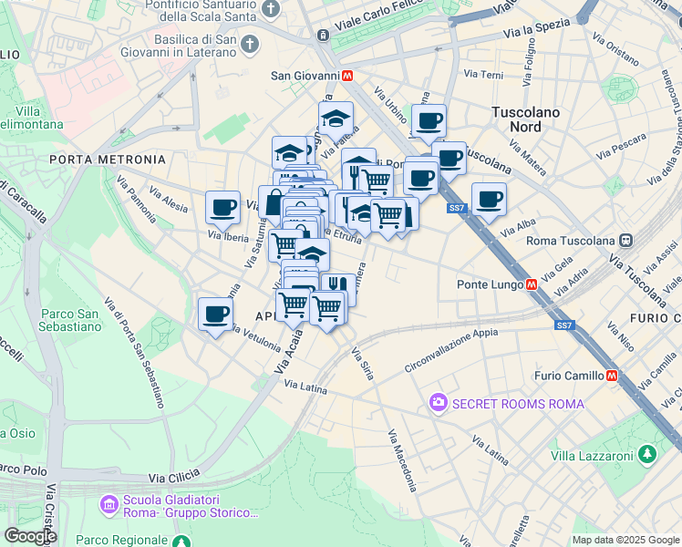 map of restaurants, bars, coffee shops, grocery stores, and more near 15 Via Dacia in Roma
