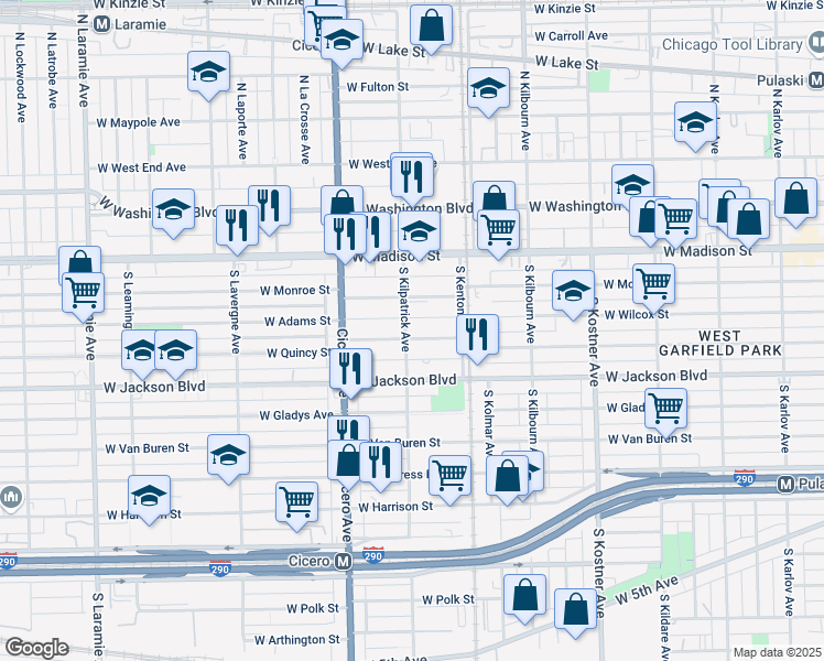 map of restaurants, bars, coffee shops, grocery stores, and more near 4654 West Adams Street in Chicago