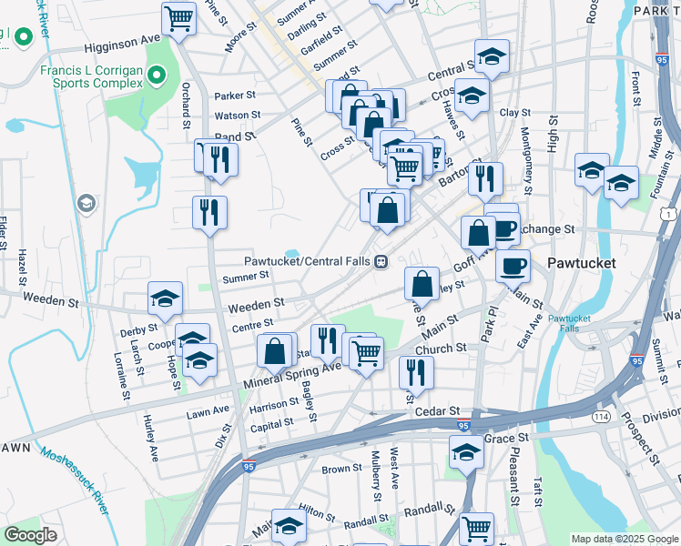 map of restaurants, bars, coffee shops, grocery stores, and more near 173 Weeden Street in Pawtucket