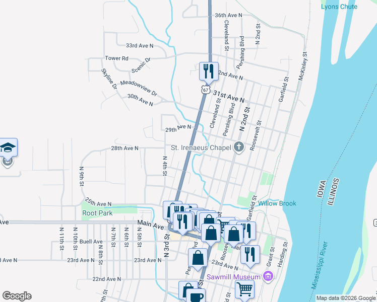 map of restaurants, bars, coffee shops, grocery stores, and more near 2801 North 3rd Street in Clinton