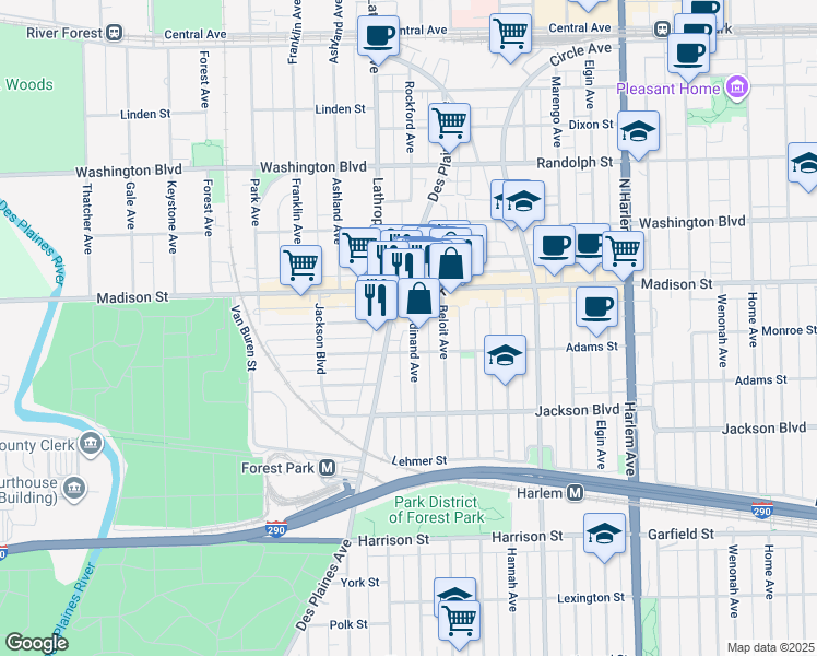 map of restaurants, bars, coffee shops, grocery stores, and more near 433 Ferdinand Avenue in Forest Park