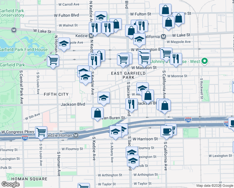 map of restaurants, bars, coffee shops, grocery stores, and more near 141 South Whipple Street in Chicago