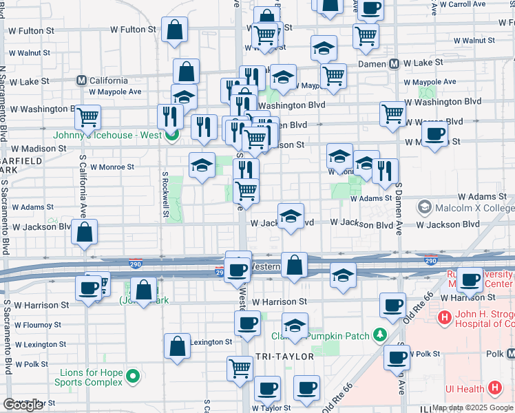 map of restaurants, bars, coffee shops, grocery stores, and more near 2339 West Adams Street in Chicago