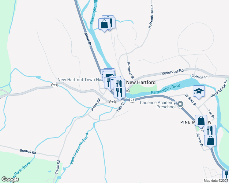 map of restaurants, bars, coffee shops, grocery stores, and more near 516 Main Street in New Hartford