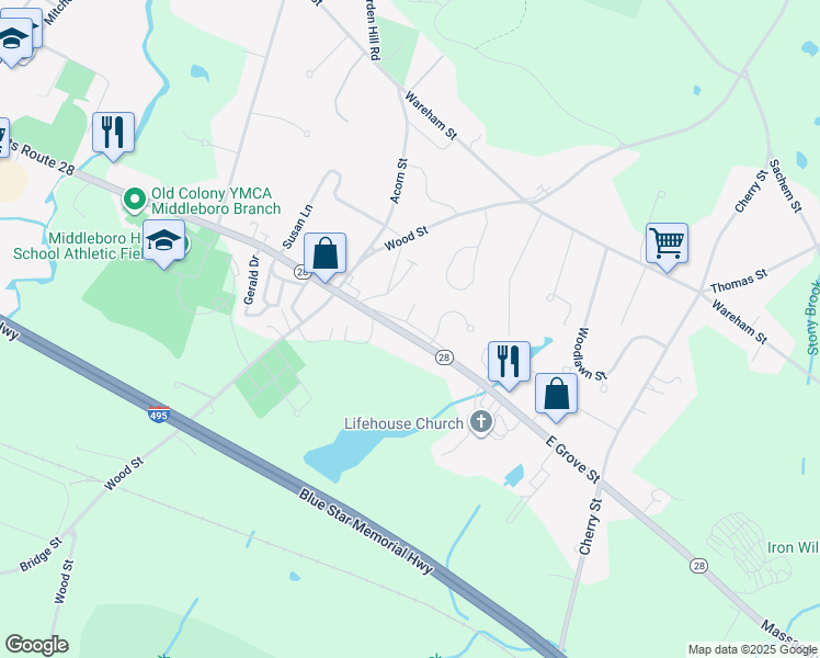 map of restaurants, bars, coffee shops, grocery stores, and more near 98 East Grove Street in Middleborough