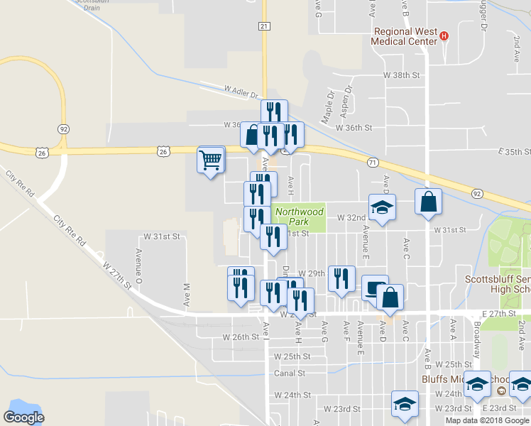 map of restaurants, bars, coffee shops, grocery stores, and more near 2911 Avenue I in Scottsbluff