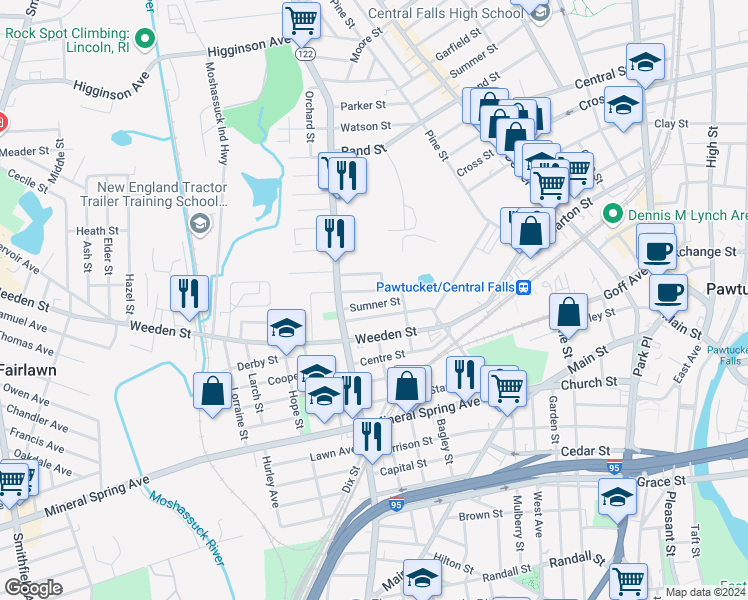 map of restaurants, bars, coffee shops, grocery stores, and more near 37 Sumner Street in Pawtucket