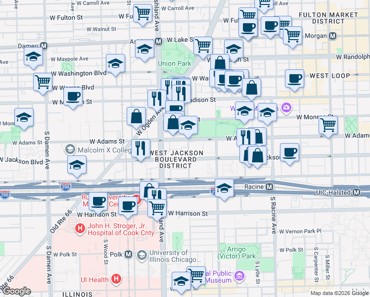 map of restaurants, bars, coffee shops, grocery stores, and more near 218 South Laflin Street in Chicago