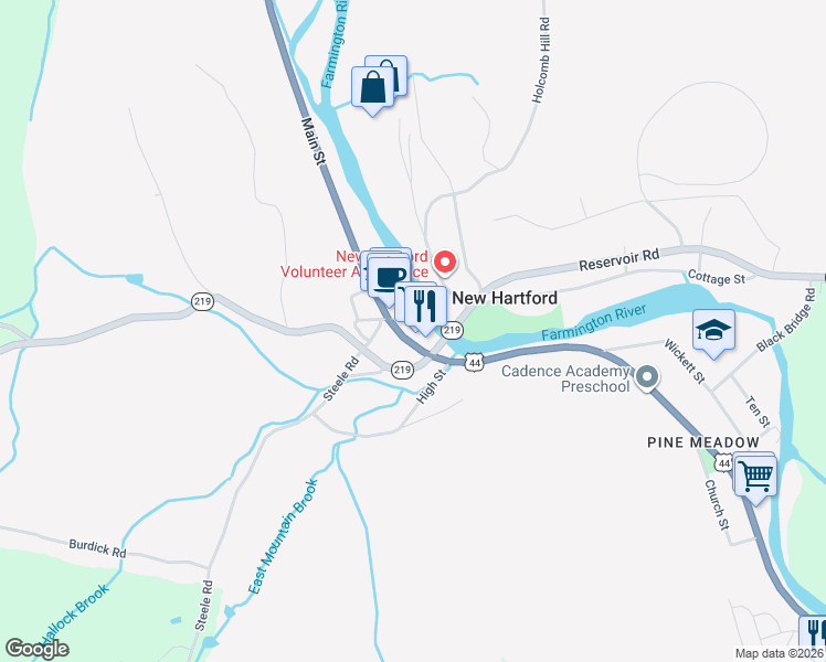 map of restaurants, bars, coffee shops, grocery stores, and more near 516 Main Street in New Hartford