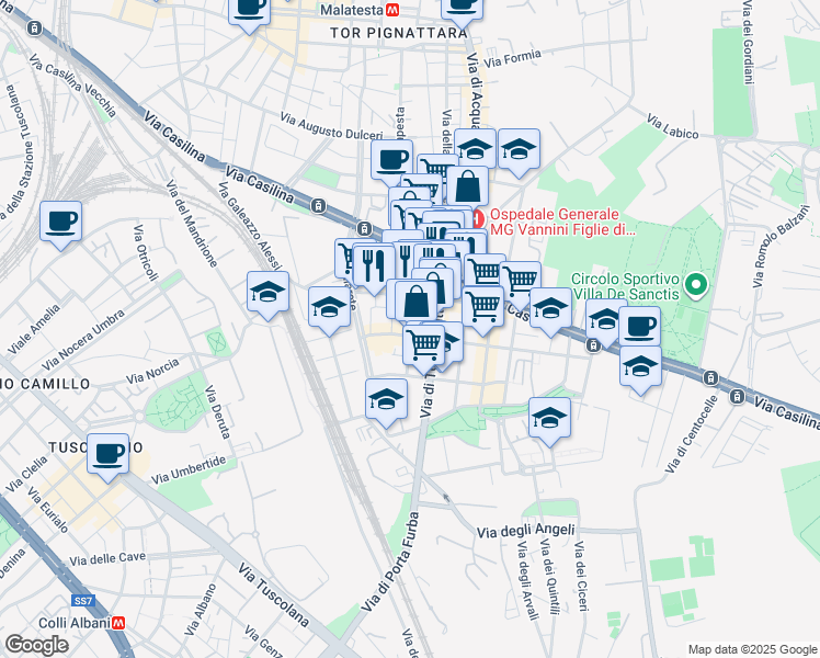 map of restaurants, bars, coffee shops, grocery stores, and more near 64 Via di Tor Pignattara in Rome