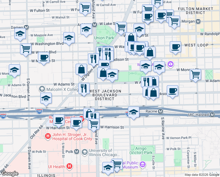 map of restaurants, bars, coffee shops, grocery stores, and more near 200 South Laflin Street in Chicago