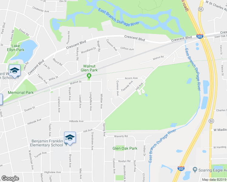 map of restaurants, bars, coffee shops, grocery stores, and more near 523 Fairway Court in Glen Ellyn