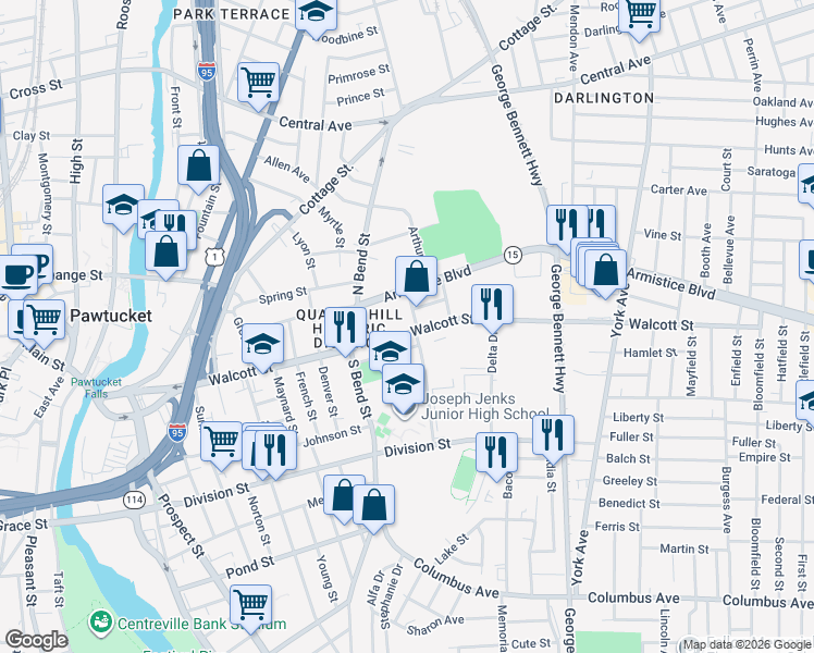 map of restaurants, bars, coffee shops, grocery stores, and more near 274 Walcott Street in Pawtucket