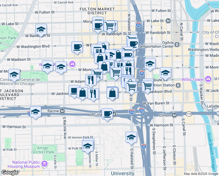 map of restaurants, bars, coffee shops, grocery stores, and more near in Chicago