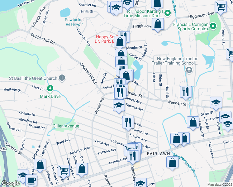 map of restaurants, bars, coffee shops, grocery stores, and more near 800 Weeden Street in Pawtucket