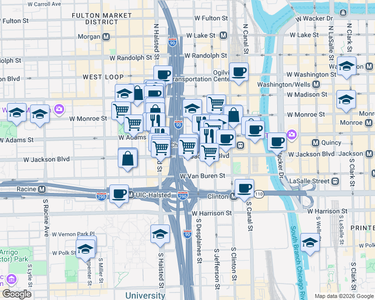map of restaurants, bars, coffee shops, grocery stores, and more near 728 West Jackson Boulevard in Chicago