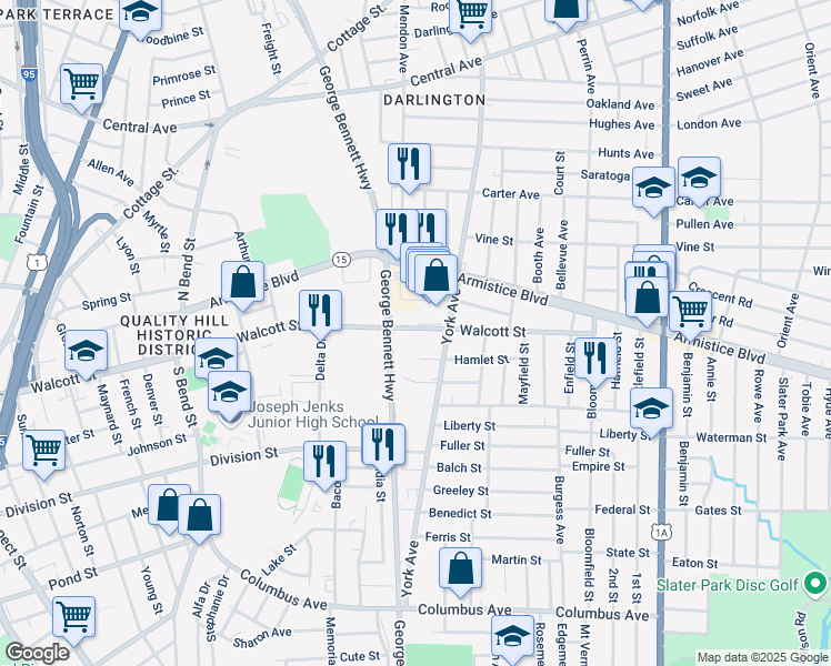 map of restaurants, bars, coffee shops, grocery stores, and more near 433 Walcott Street in Pawtucket