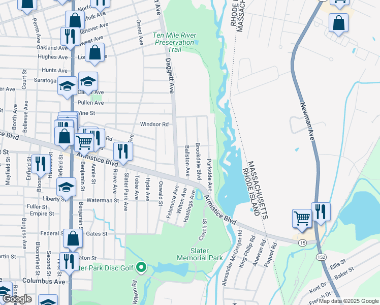 map of restaurants, bars, coffee shops, grocery stores, and more near 81 Ballston Avenue in Pawtucket