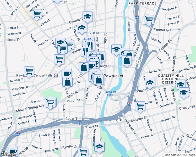 map of restaurants, bars, coffee shops, grocery stores, and more near 1966 Maple Street in Pawtucket